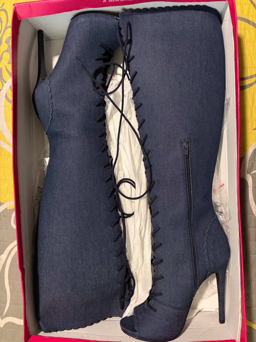 Navy Jean Lace-Up Stiletto Knee Boots